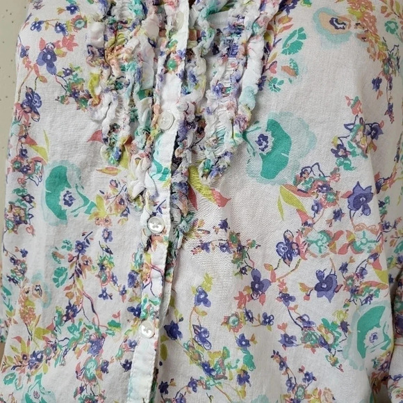 LAUREN CONRAD White Turquoise V-Neck Button Front 3/4 Sleeve Top Shirt - Picture 4 of 7